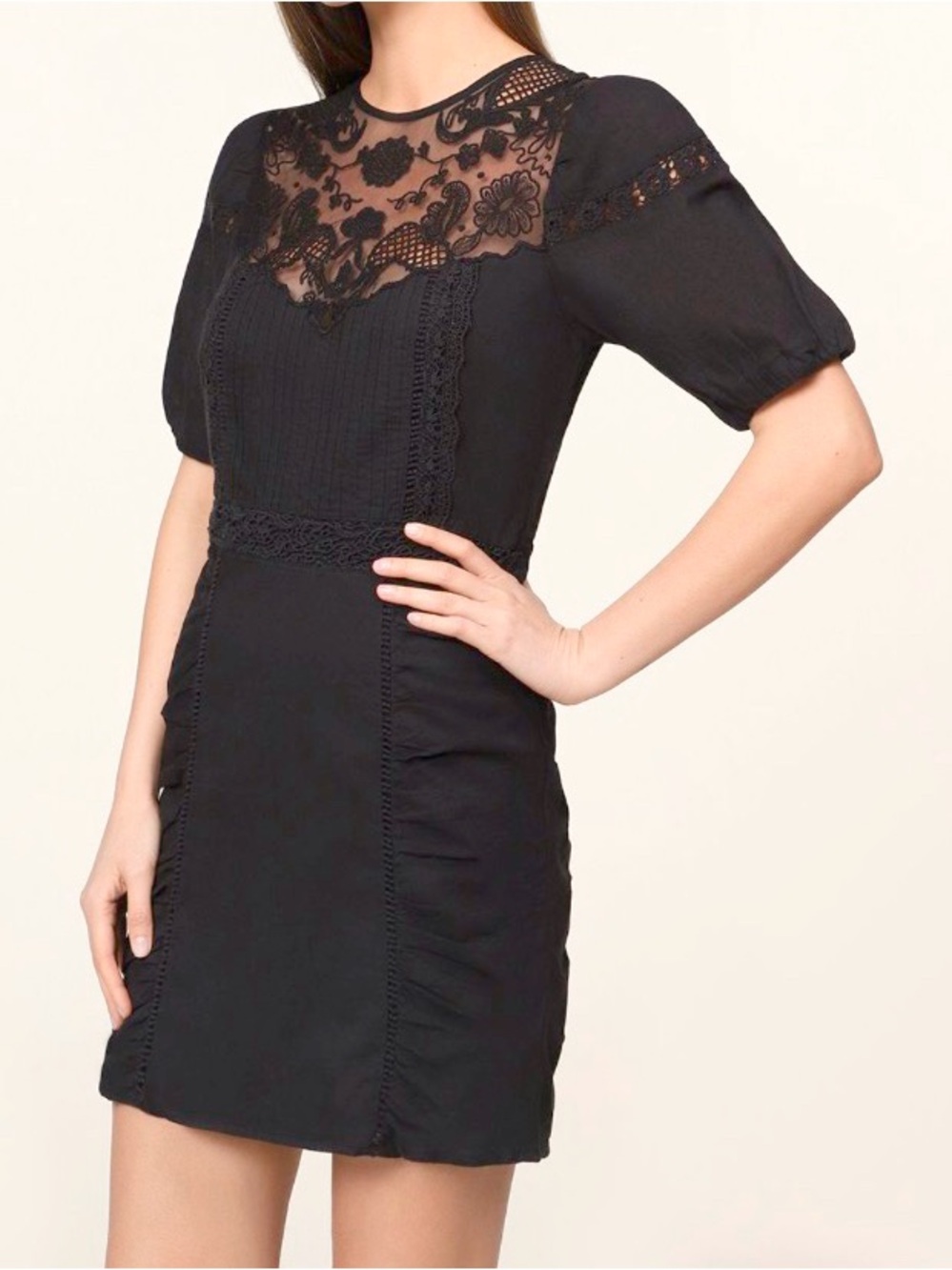 Zara Black Lace Mini Dress Crochet Lace Embroidered Ruched Pleated Small S